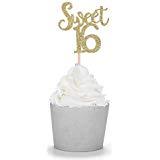 Gold Glitter Sweet 16 Cupcake Toppers Handcrafted 16th Birthday Party Decors